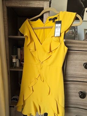 BCBG Yellow Ruffle V-Neck Mini Dress